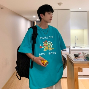 T3765P25字母卡通印花T恤新2022男宽松圆领T恤港风落肩纯棉T短袖图片