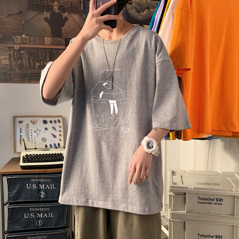 T3349P25春夏新款2022男士宽松T恤港风落肩纯棉男T短袖T恤加大男T,男装T恤,星座510A-6
