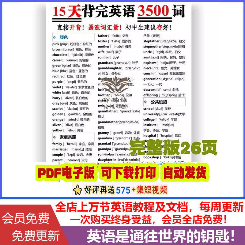 全国通用15天背完初中英语词汇高频单词3500词纯图版高清带音标早晚背诵26页彩色版面PDF电子版可打印