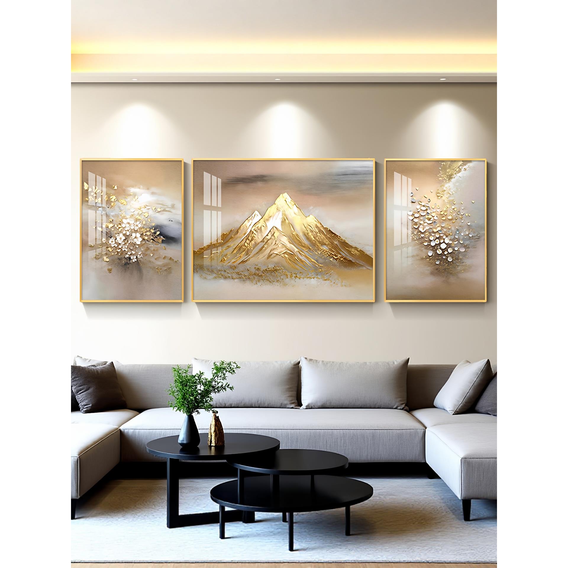 日照金山客厅装饰画简约大芬油画村高档大气沙发背景墙挂画三联画