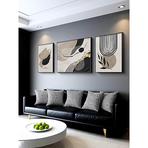 黑白灰抽象艺术沙发背景墙装饰画高级感客厅挂画现代简约三联壁画