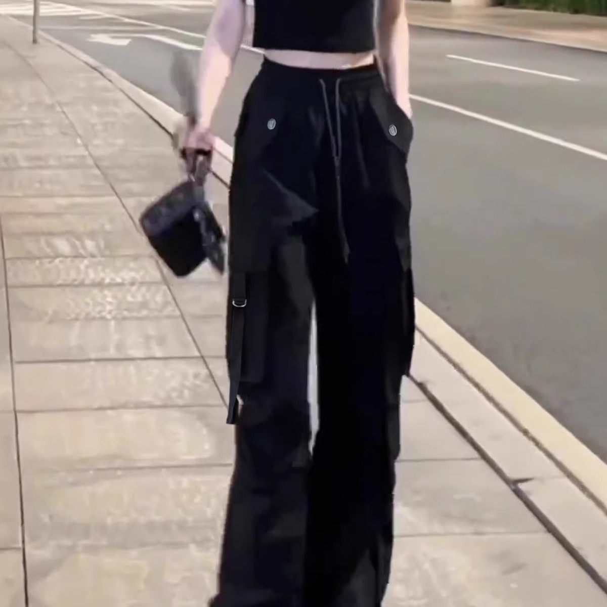 大码胖mm黑色速干工装裤女款夏季小个子美式宽松直筒登山阔腿裤薄