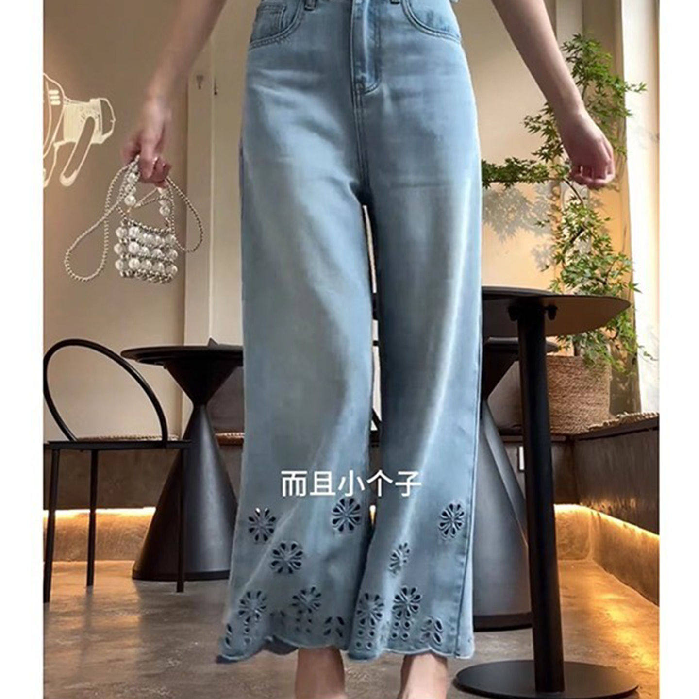 2026年夏季新款时尚镂空刺绣阔腿牛仔裤女大码胖mm显瘦高腰九分裤