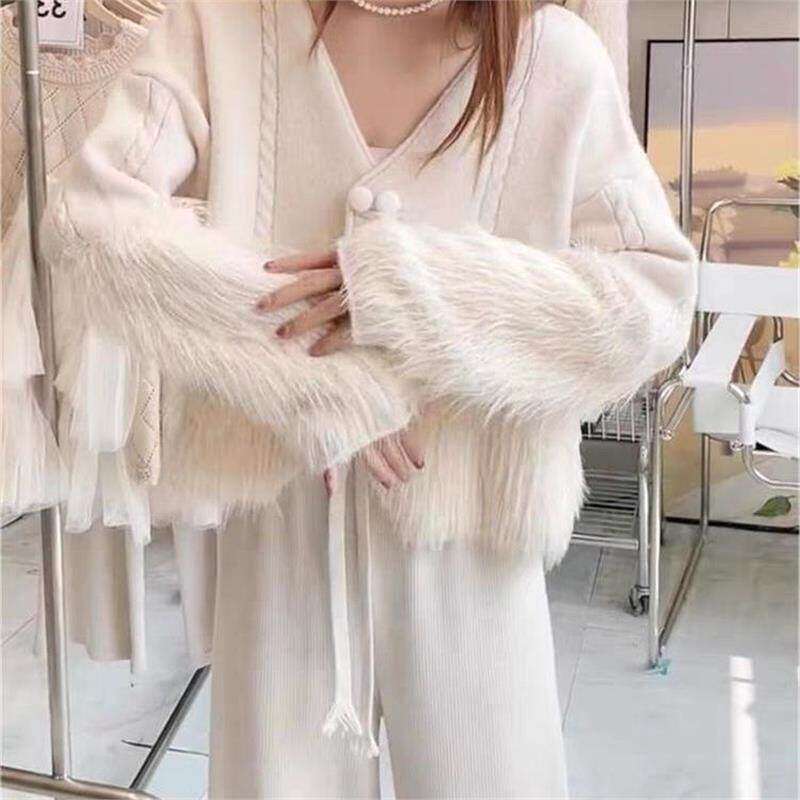 气质香风毛衣开衫新款洋气双排扣水貂毛针织拼接外套春款秋