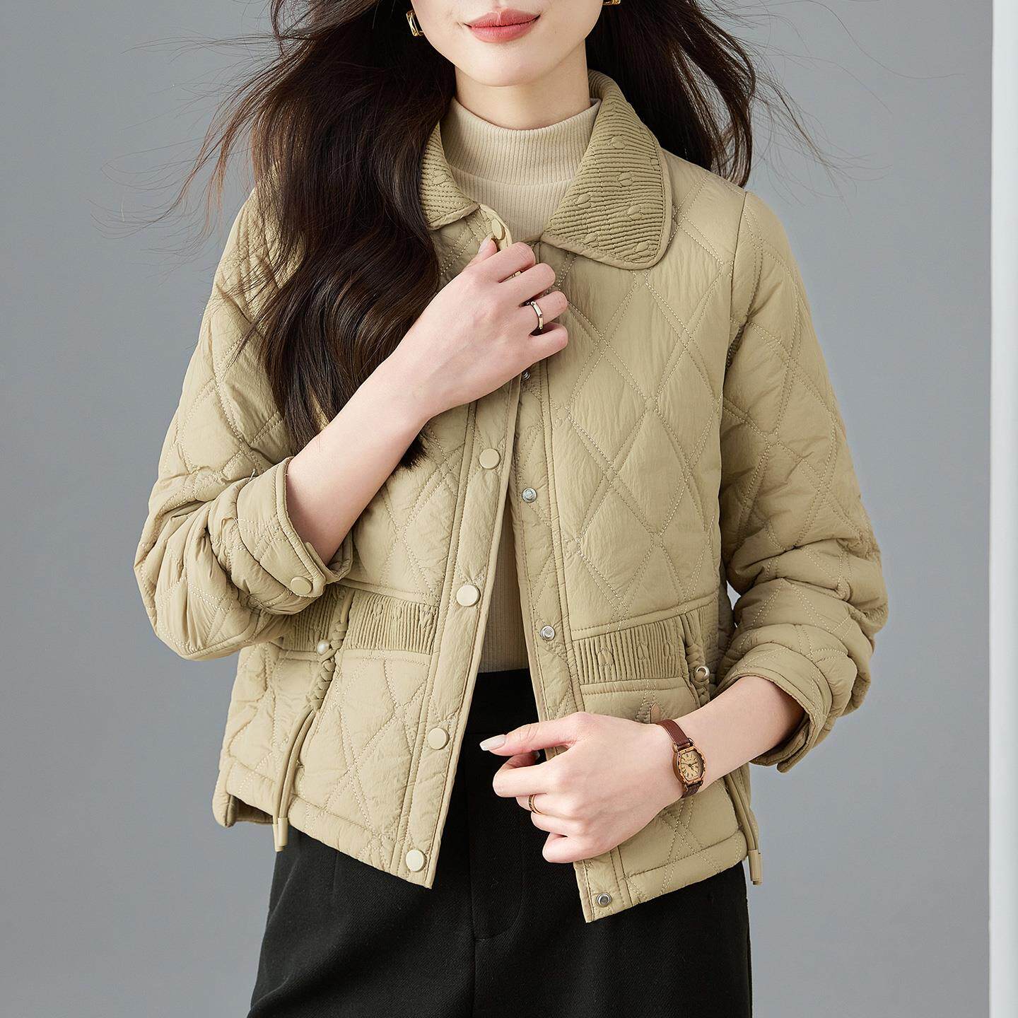 JOYIASS时尚菱格翻领服短外套女士秋冬轻薄保暖中年妈妈衣小袄