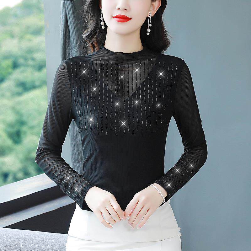 BLLOUKE半高领打底衫女长袖春秋2025新款修身网纱T恤衫时髦洋气减