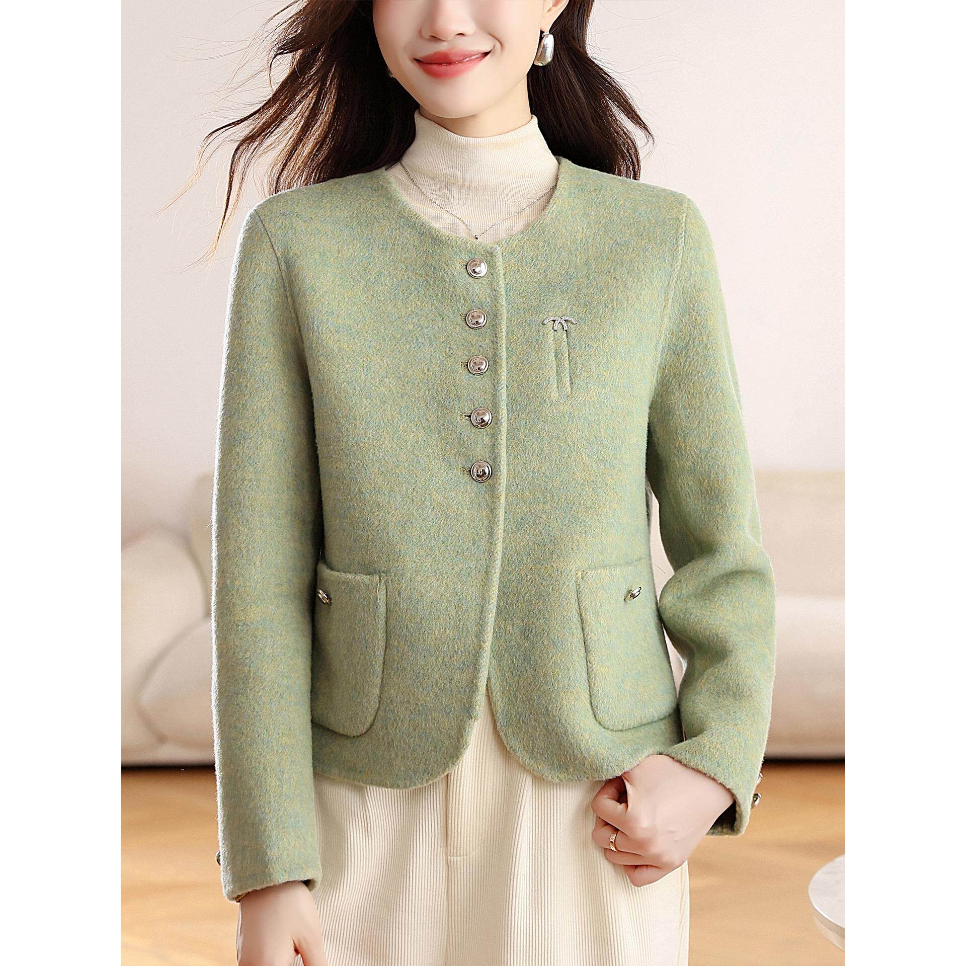 JOYIASS法式时尚圆领外套女士秋冬新款漂亮减龄洋气短款呢子大衣