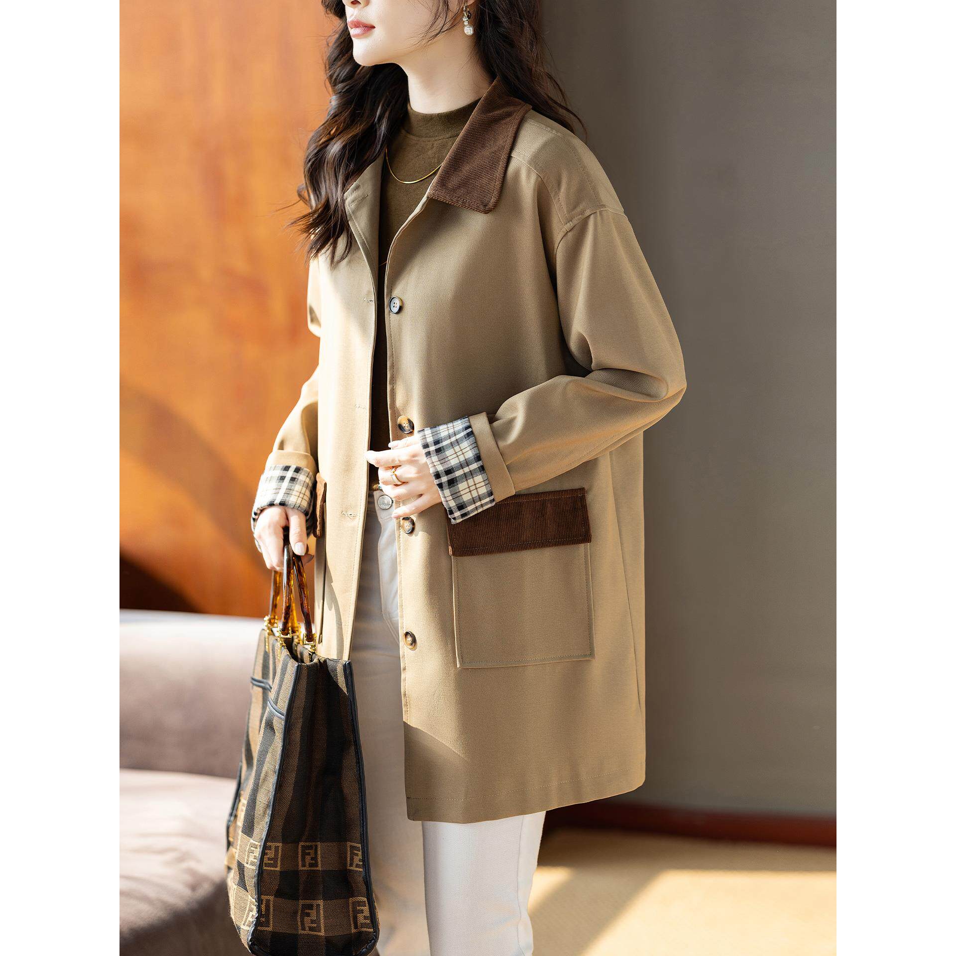 JOYIASS法式覆古撞色休闲风衣外套女士秋冬高级感气质宽松显瘦中