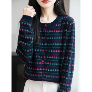 JOYIASS法式费尔岛提花针织开衫女短外套毛衣2025新款精纺薄外搭