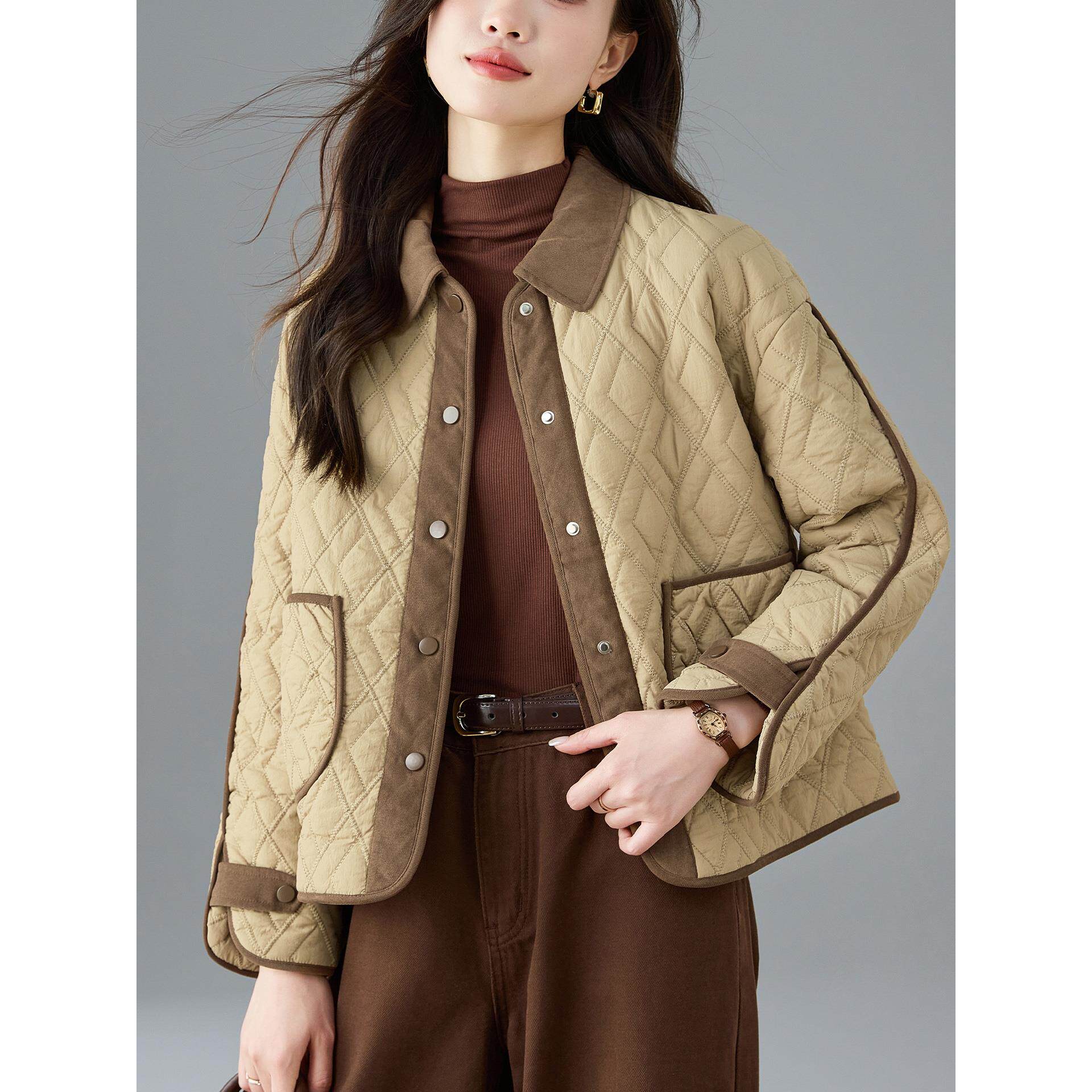 JOYIASS覆古时尚撞色翻领休闲衣短外套女秋冬轻薄保暖妈妈宽松服