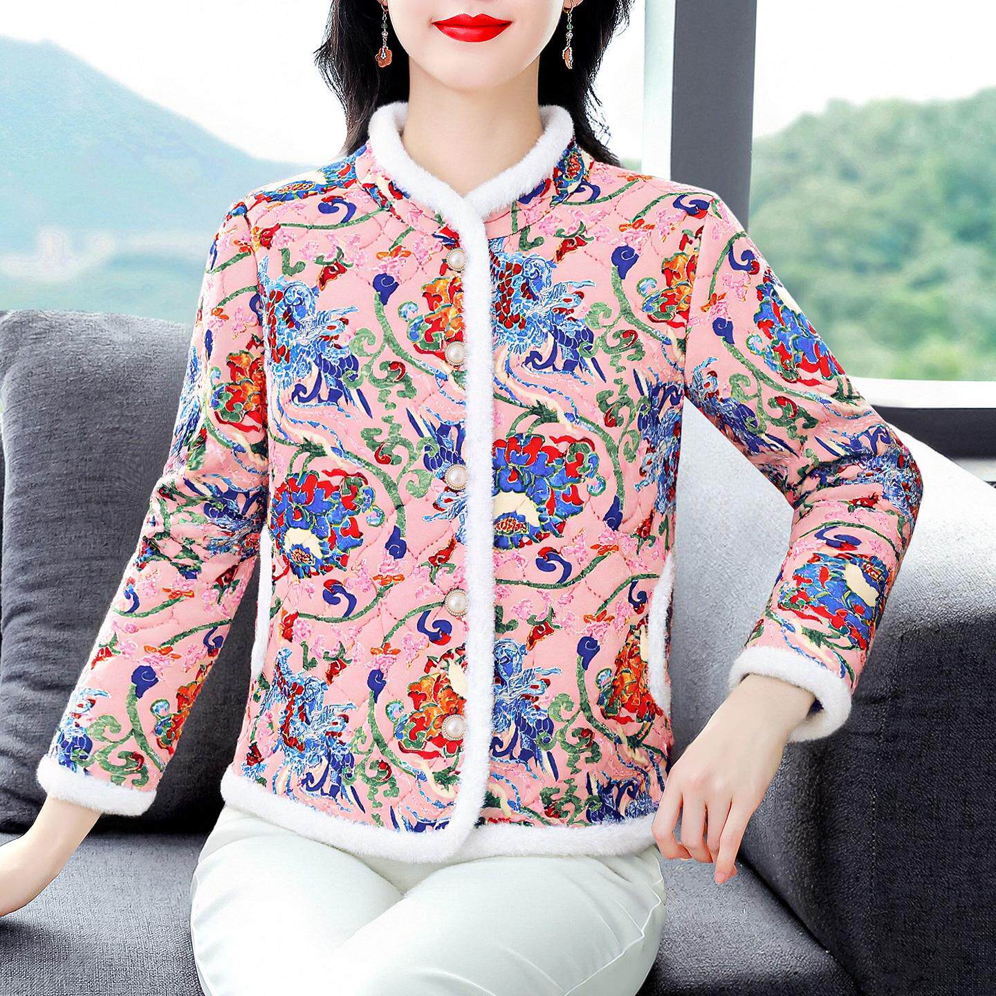 JOYIASS时尚洋气大花衣短外套女秋冬加绒加厚保暖服时髦减龄妈妈