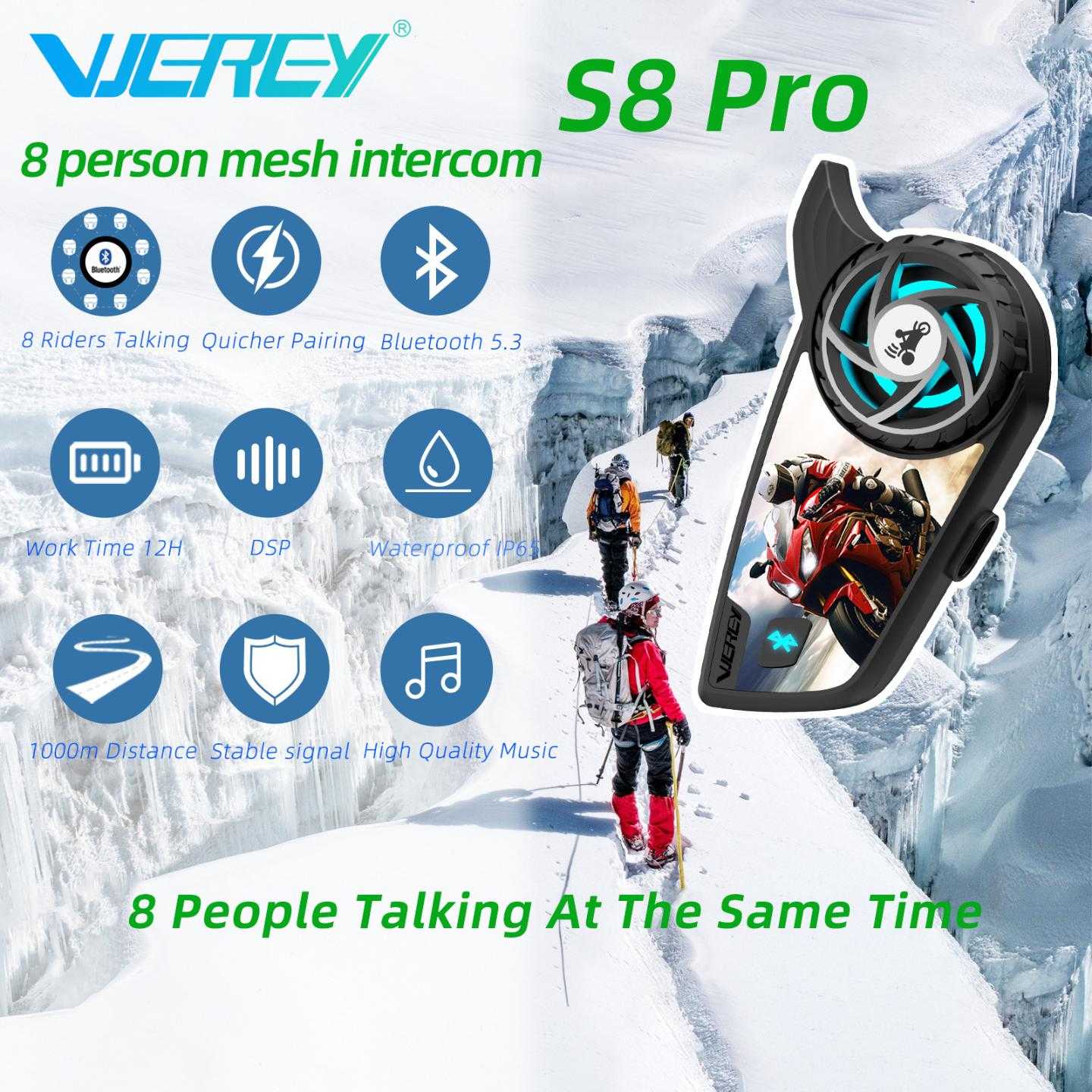 登山滑雪自由组网群讲 8人全双工群讲蓝牙对讲机S8 PRO