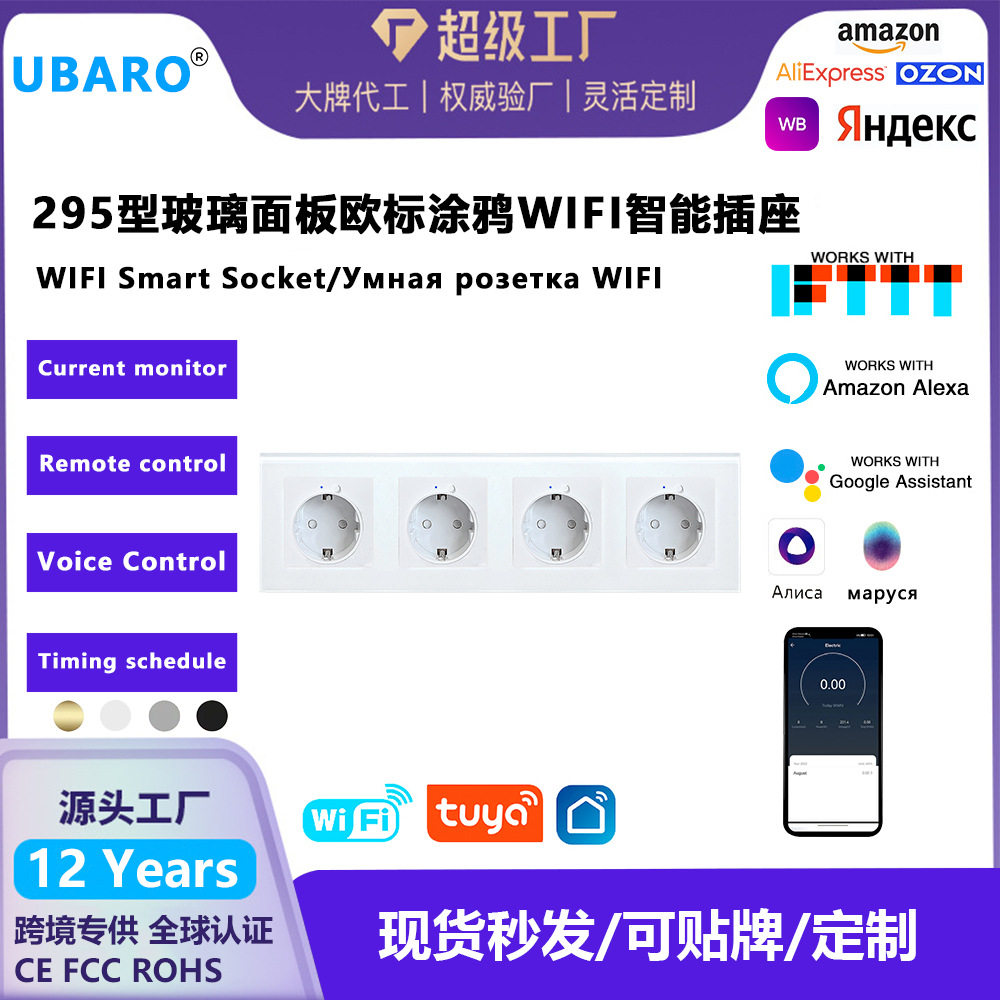 欧标涂鸦WIFI智能墙壁插座Alexa语音俄罗斯Alie圆形安装盒插座