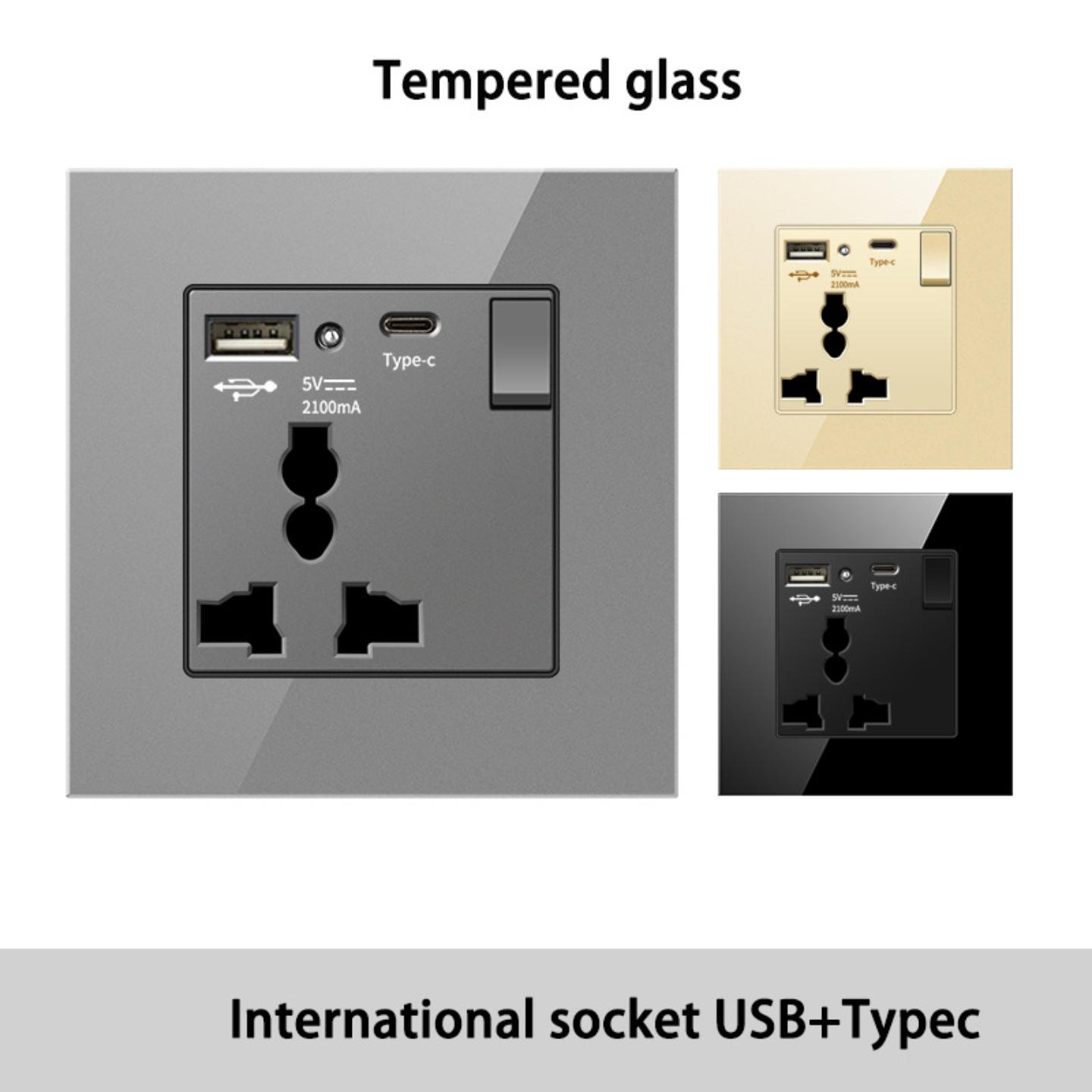 港澳国际英式USBtypec86型多用钢化玻璃充电插蘇用墙壁英规面板