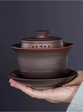 瞳庞官方店手工紫陶跳刀茶具三才盖碗茶单个高档功夫茶碗家用