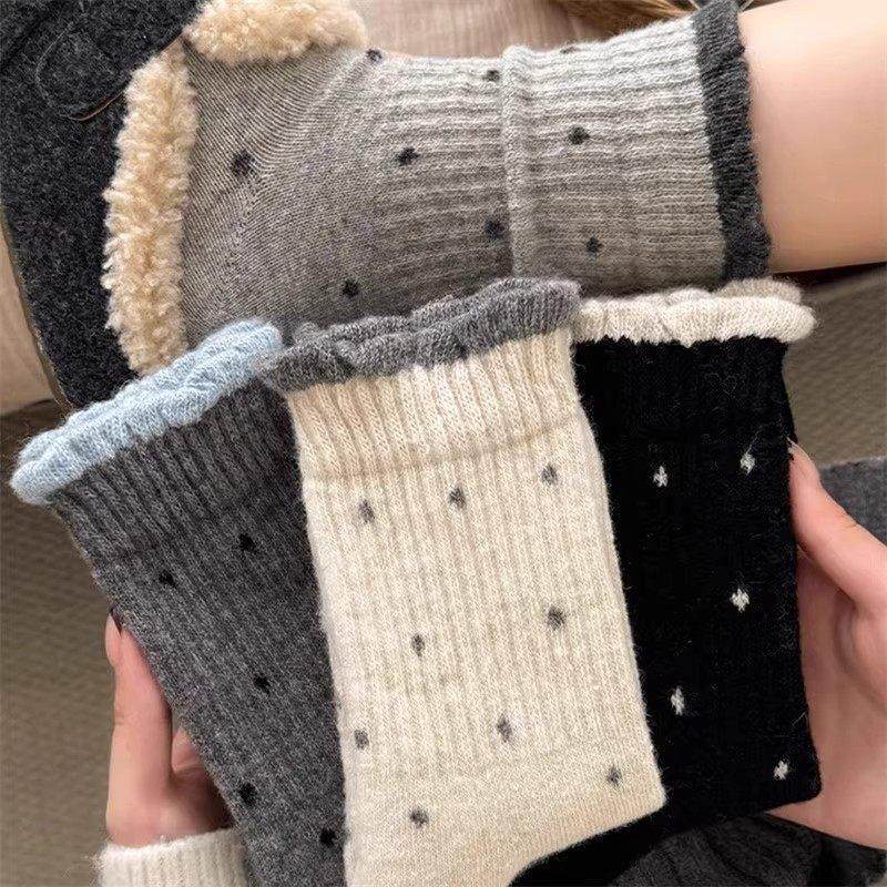 波点袜子女秋冬季灰色中筒袜加厚保暖绒棉袜复古花边长筒袜,运动/瑜伽/健身/球迷用品,瑜伽袜子,淘宝优惠券,粉丝福利购,淘宝优惠卷