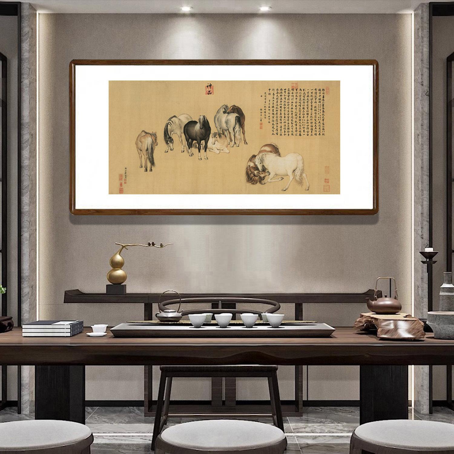 国画马到成功八匹马横版挂画客厅办公室背景墙装饰画郎世宁八骏图