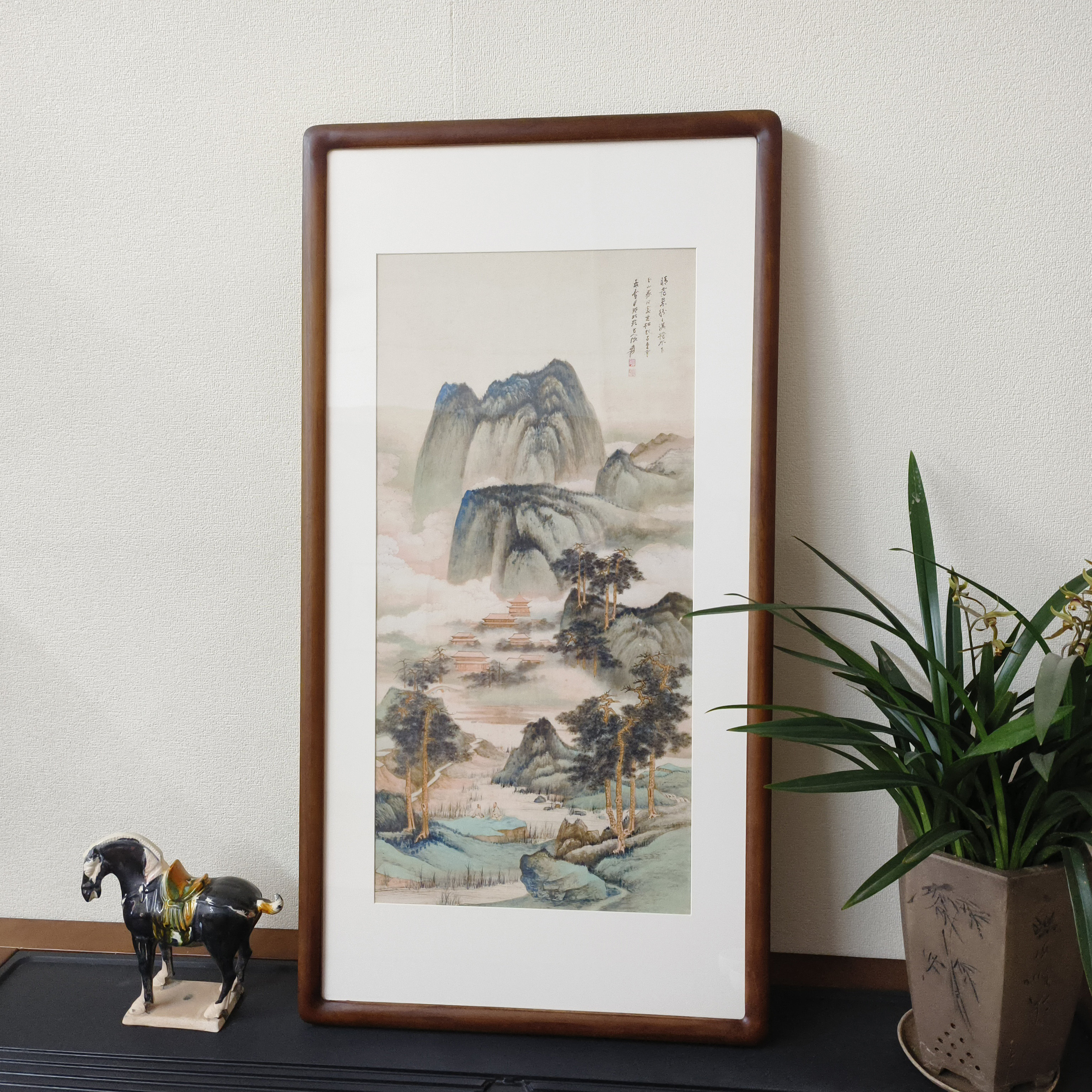 国画山水画张大千晴霭仙阁图竖版挂画新中式装饰画客厅办公室字画