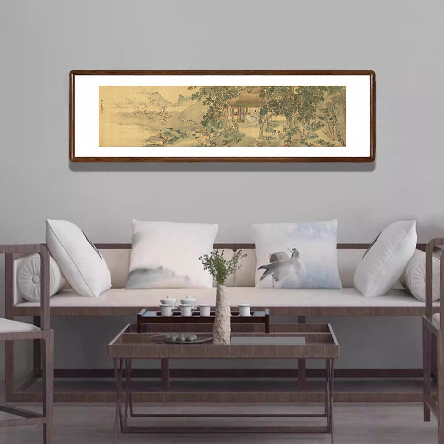 仇英山水画东林图带框字画客厅沙发背景墙装饰画酒楼茶室复古挂画