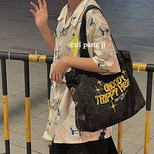 Джинсовый вместительный и большой шоппер, универсальная сумка на одно плечо, сумка через плечо, с вышивкой