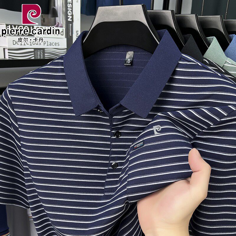 皮尔卡丹男士短袖POLO衫夏季条纹翻领口袋休闲宽松透气T恤男