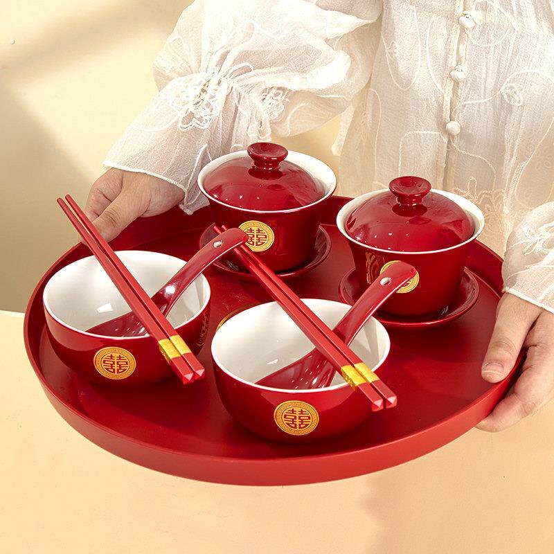 结婚改口敬茶杯套装婚礼专用红色喜碗碗筷一对婚庆陪嫁订婚敬酒杯