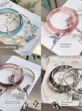 新中式彷玉蓝冰狐狸手镯女不知春覆古古风清冷感平安手炼叮当饰品