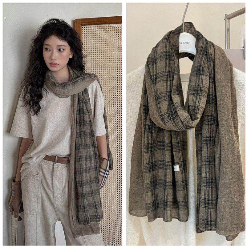 秋冬新款百搭格子拼接亚麻围巾女 韩版氛围感纯色棉麻保暖披肩