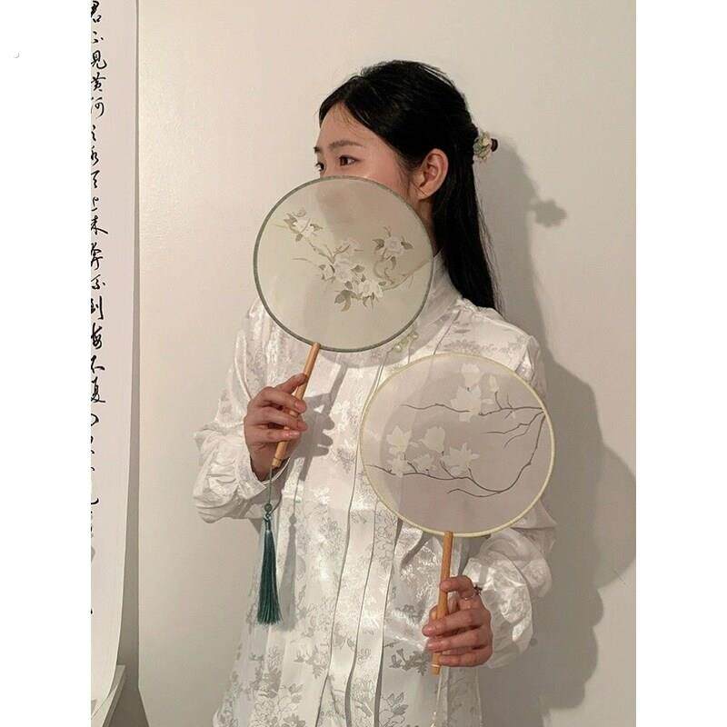 古风扇子团扇半透明长柄舞蹈扇汉服摄影配饰中国风礼品宫廷风扇子