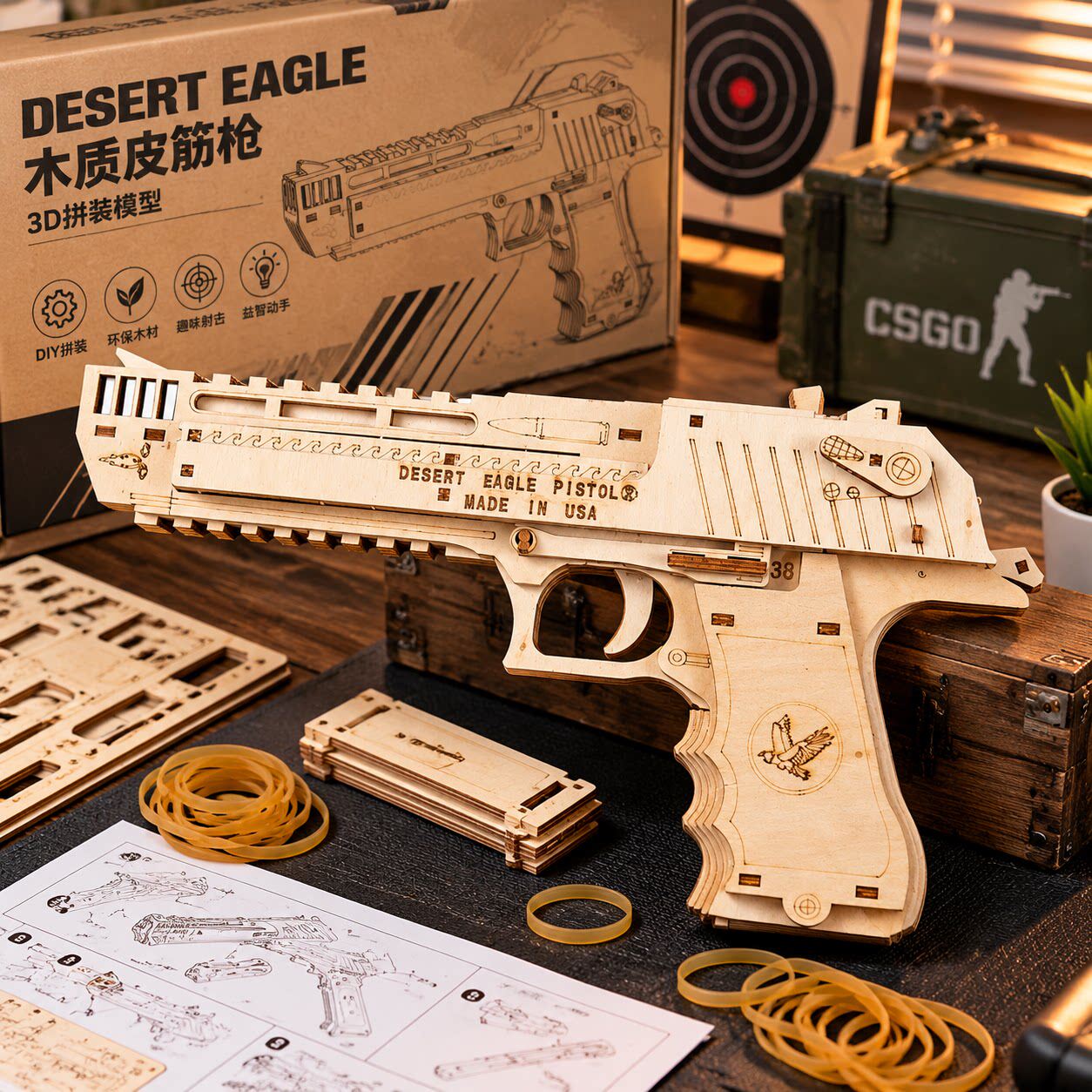 木制皮筋枪沙漠之鹰3d拼装拼图模型木质积木益智玩具CSgo游戏同款