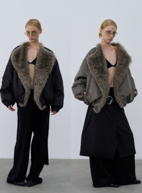 Rebornique 大翻毛领环保皮草拼接羽绒服 立体廓形短款白鸭绒外套