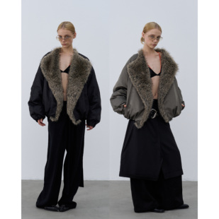 Rebornique 大翻毛领环保皮草拼接羽绒服 立体廓形短款白鸭绒外套