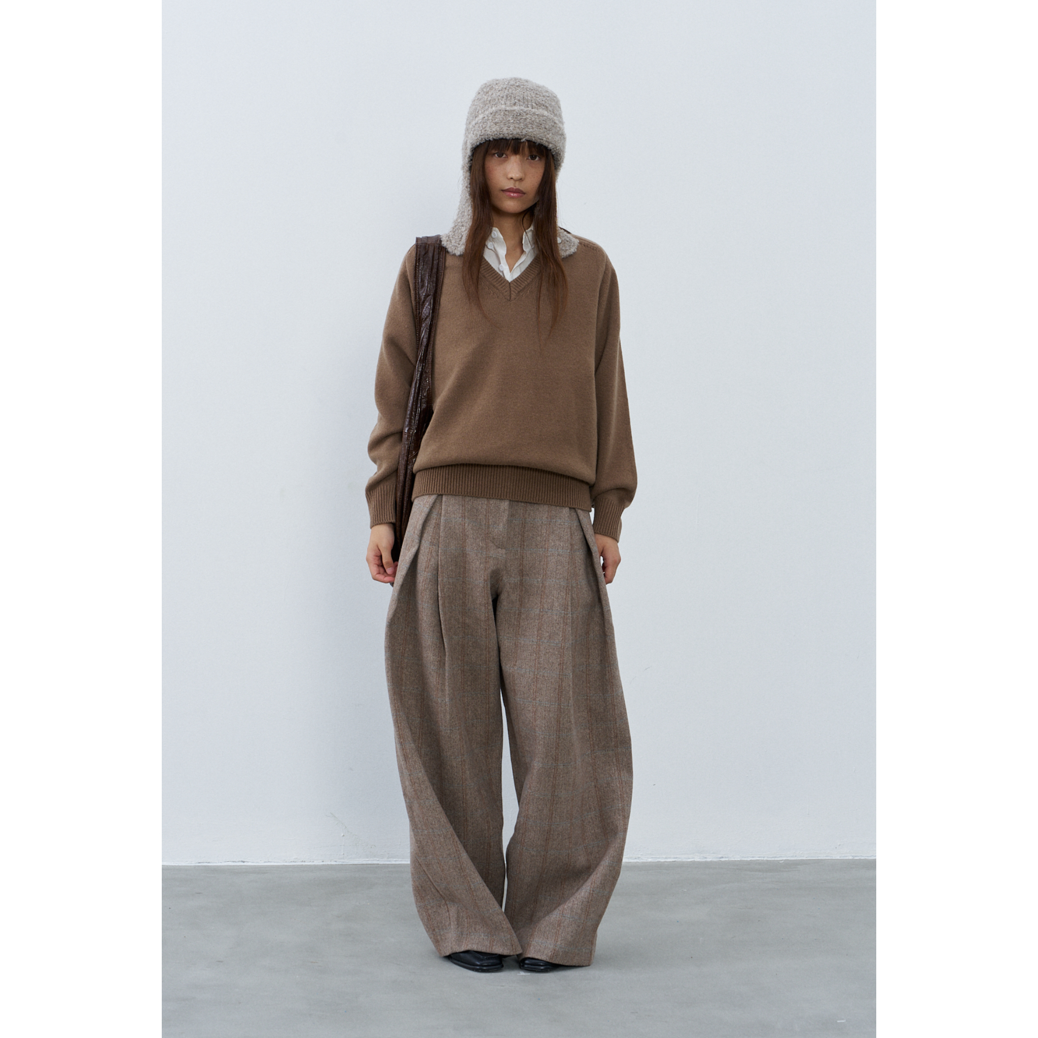 棕色条纹羊毛阔腿长裤