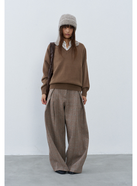 Rebornique 复古人字纹双压褶西裤宽松休闲条纹阔腿裤羊毛长裤女