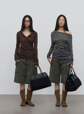 Rebornique 军绿色百搭宽松水洗做旧五分中裤多口袋工装短裤