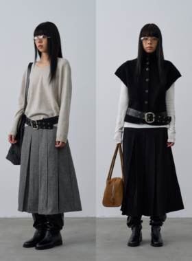 Rebornique 羊毛混纺格雷系百褶裙 灰色条纹miu系a字裙显瘦半身裙