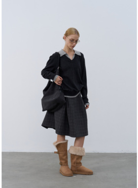 Rebornique 设计感假两件羊毛针织衫 韩系复古宽松v领撞色毛衣女