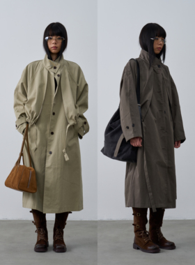 Rebornique 设计感假两件立领绑带插肩袖风衣 韩系廓形长款外套女