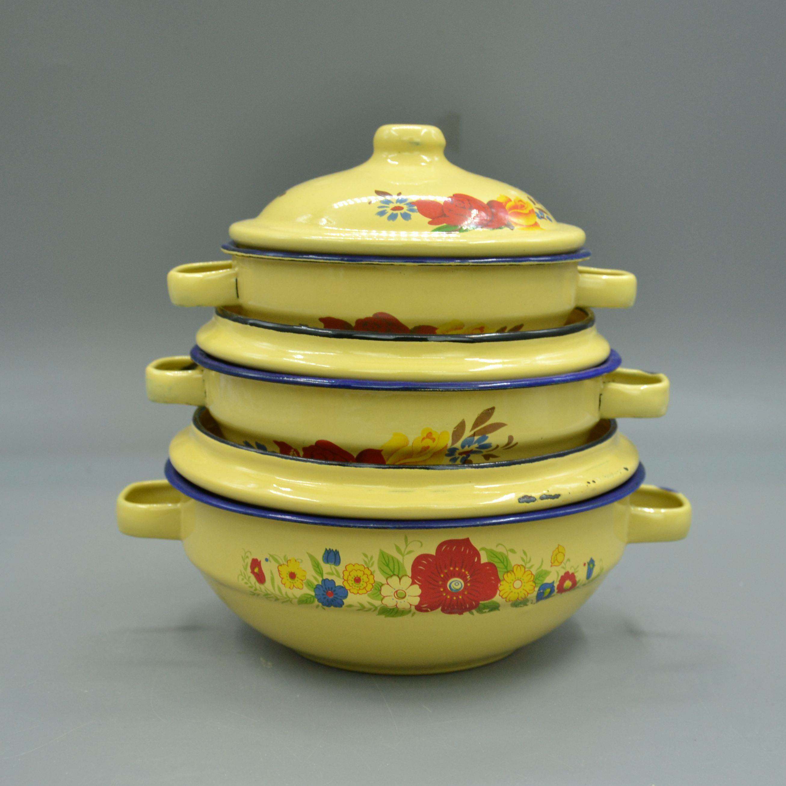 双耳搪瓷碗带盖儿童搪瓷碗搪瓷锅珐琅铁碗老式怀旧咖喱碗猪油盆