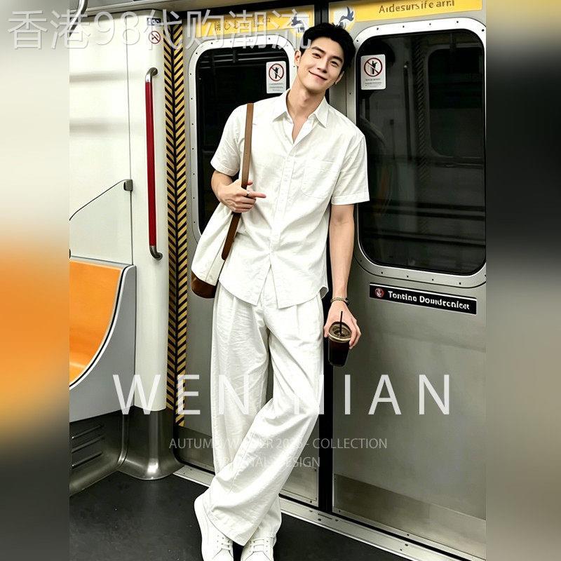韩国WEN NIAN老钱风短袖套装男2026夏季直筒长裤轻薄防晒整套潮牌
