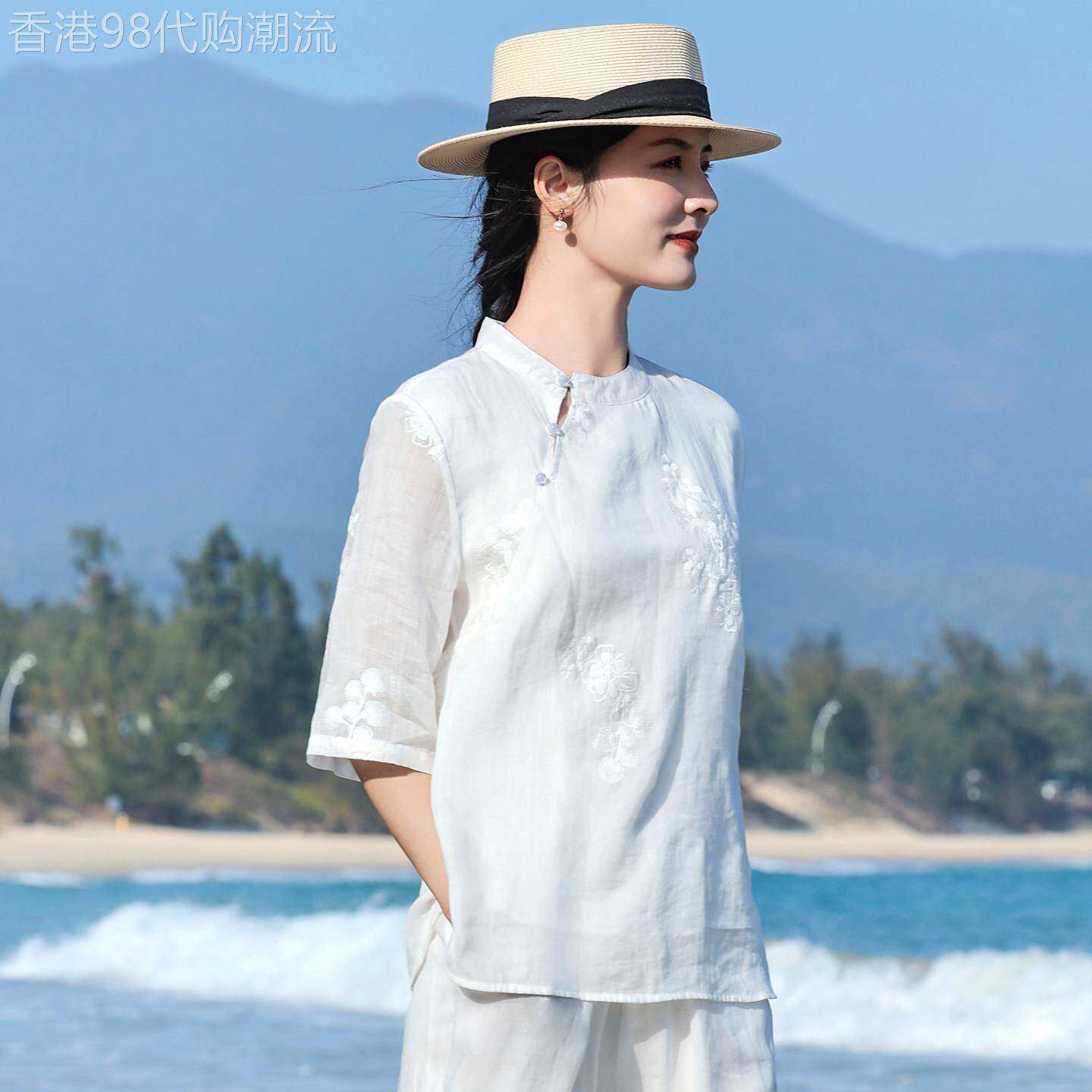 茶艺师服装苎麻复古民国套装改良汉服上衣中国风女装禅意茶服女夏