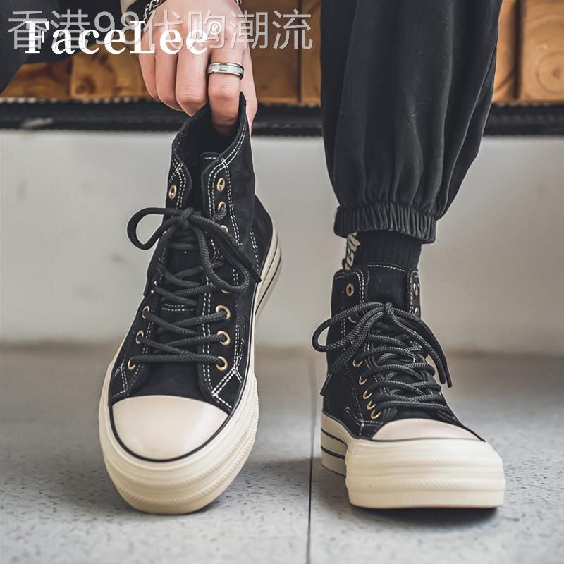 FaceLee日本设计师联名帆布男鞋春季新款黑色高筒休闲板鞋系带鞋