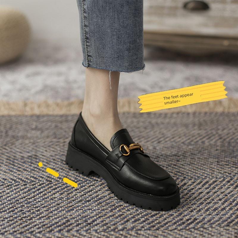 女鞋乐福鞋女秋冬2025新款黑色一脚蹬单鞋百搭松糕厚底英伦小皮鞋