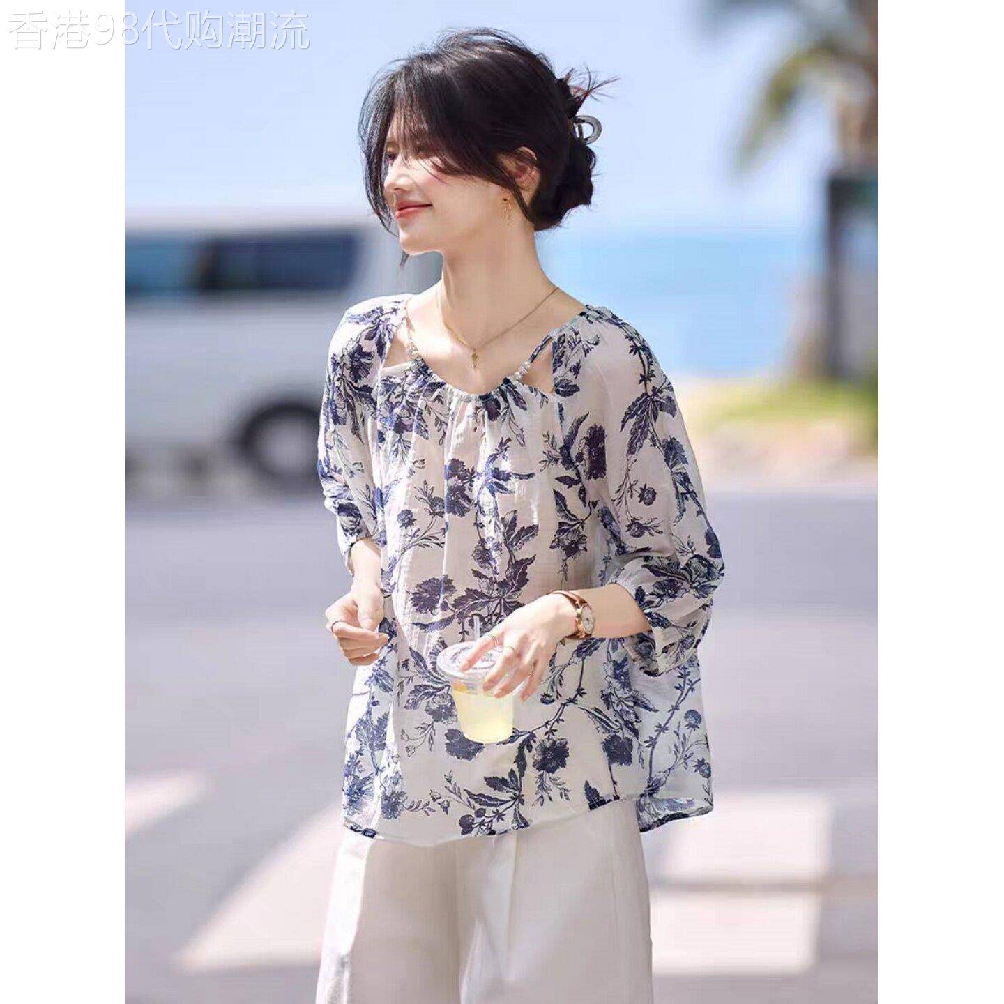 碎花雪纺衫女夏季2026新款国风青花瓷设计轻薄透气宽松遮肉上衣女