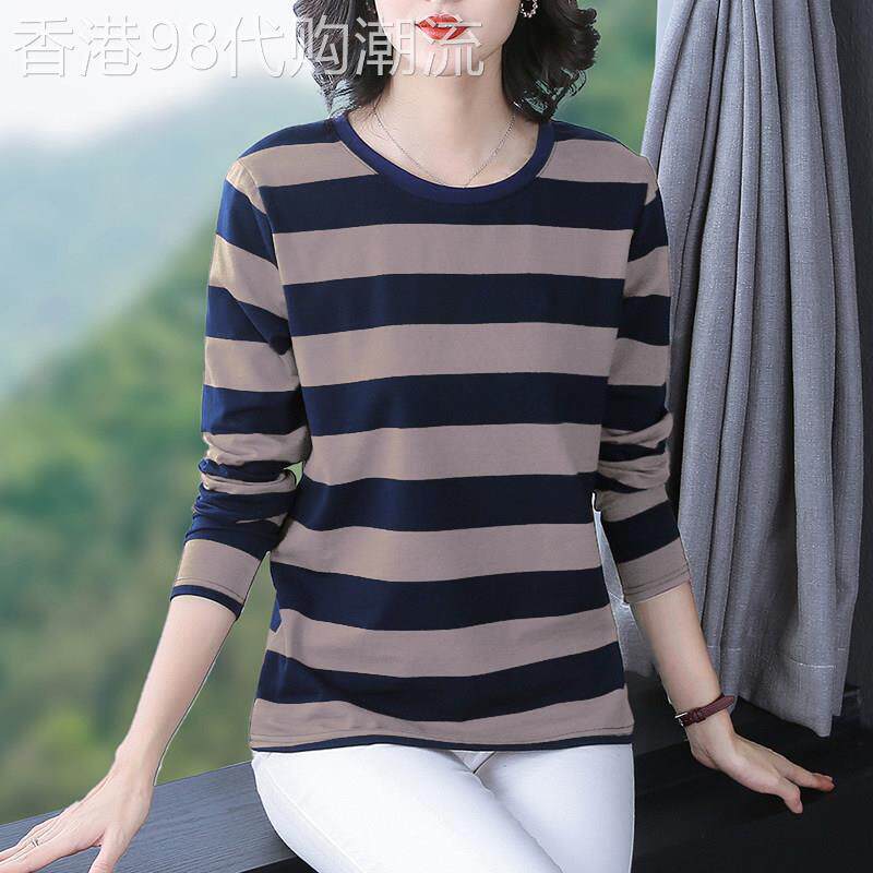 韩国时尚条纹T恤纯棉长袖女秋季新款宽松显瘦洋派百搭外穿女上衣