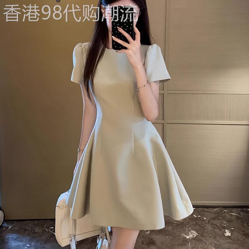 法式豆绿色短袖洋装女夏季欧货小个子赫本风礼服裙气质收腰短裙