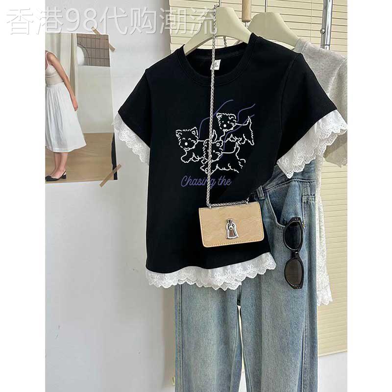 蕾丝拼接正肩纯棉黑色短袖T恤女装时尚百搭洋派显瘦上衣夏季新款
