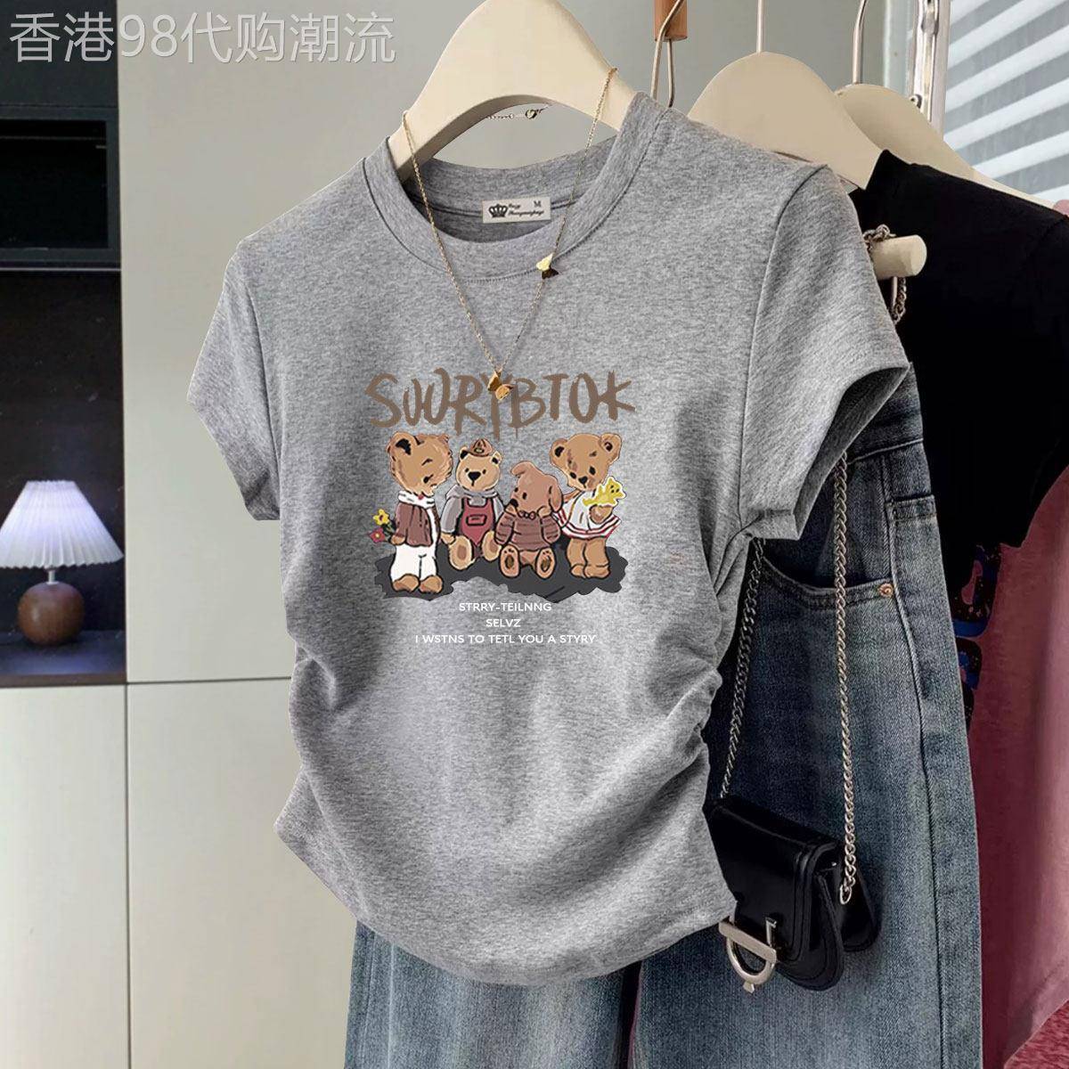 灰色短版t恤女2026夏季新款修身显瘦卡通印花洋派百搭小个子上衣