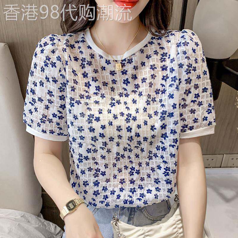 短袖t恤女2026年新款夏季洋气宽松印花小衫时尚泡泡袖雪纺衫上衣