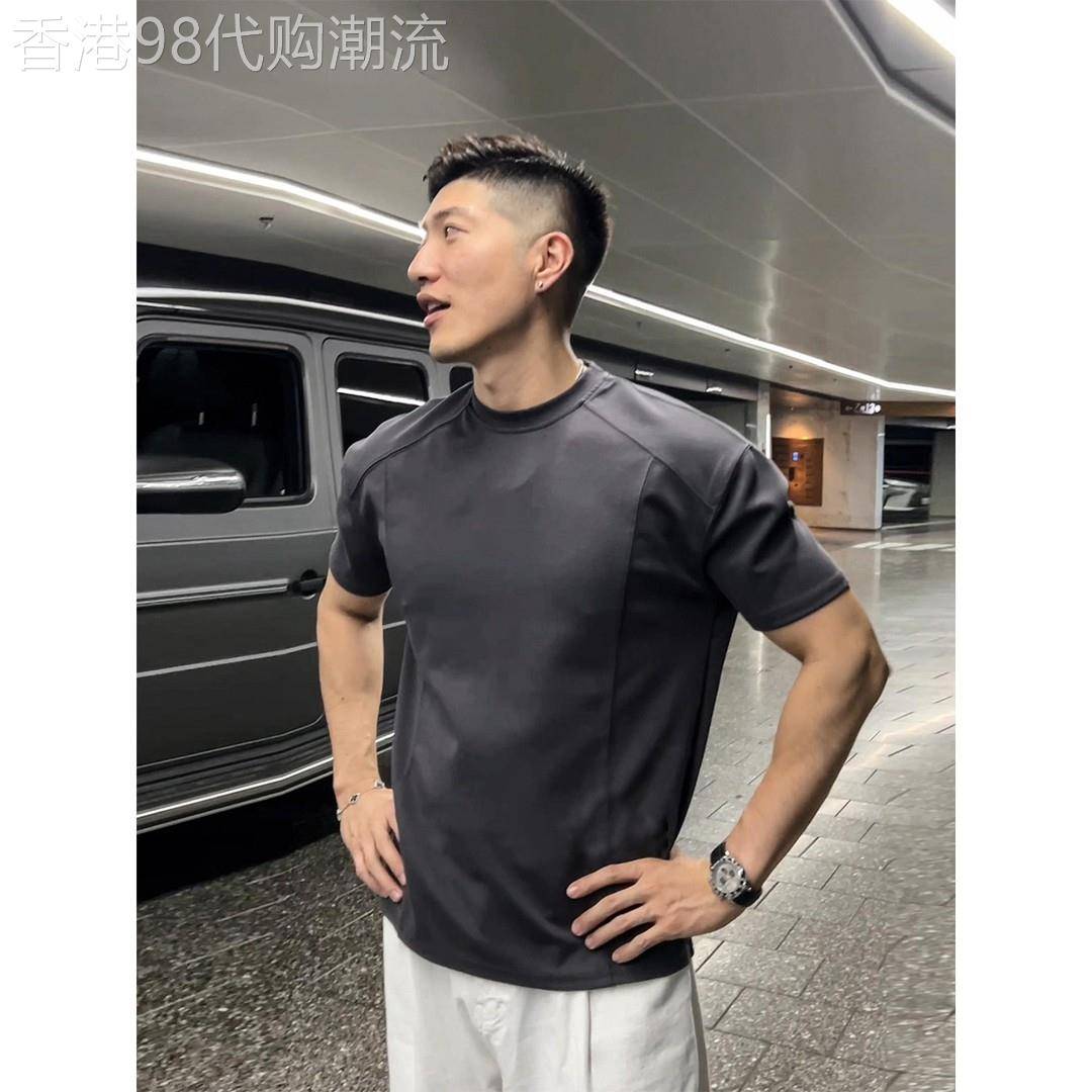 深灰色解构短袖t恤男士夏季美式重磅双肩线正肩半截袖运动上衣服